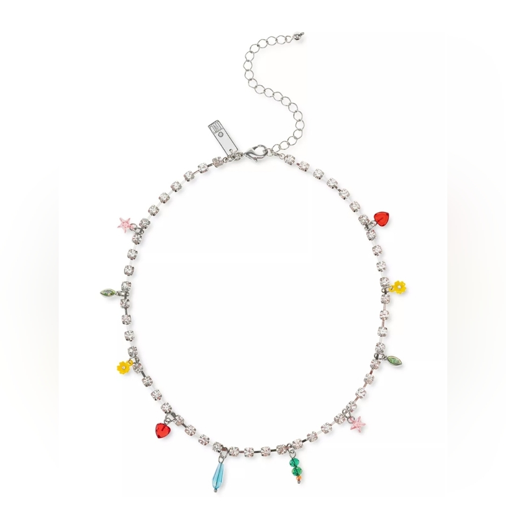 INC Silver-Tone Mixed Stone Charm Statement Necklace 14" + 3" Extender
